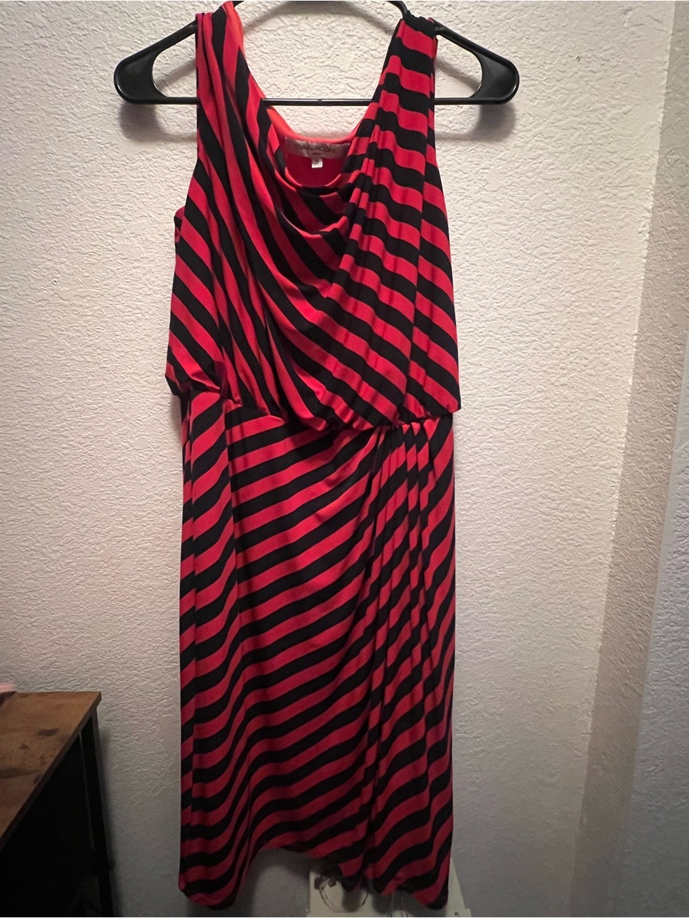 Evan Picone Red and Black Striped Maxi Dress with Draped Neckline